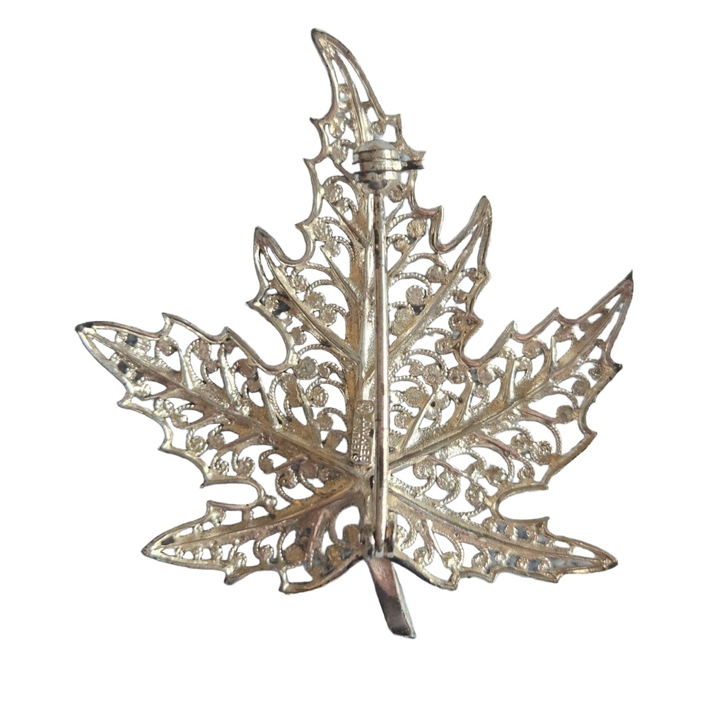 Maple Leaf Brooch Sterling Silver Filigree Pin Back Germany Vintage - Picture 3 of 6